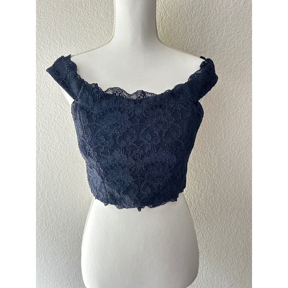 Navy Blue Lace Off The Shoulder Crop Top Corset Style Shimmer Size 11